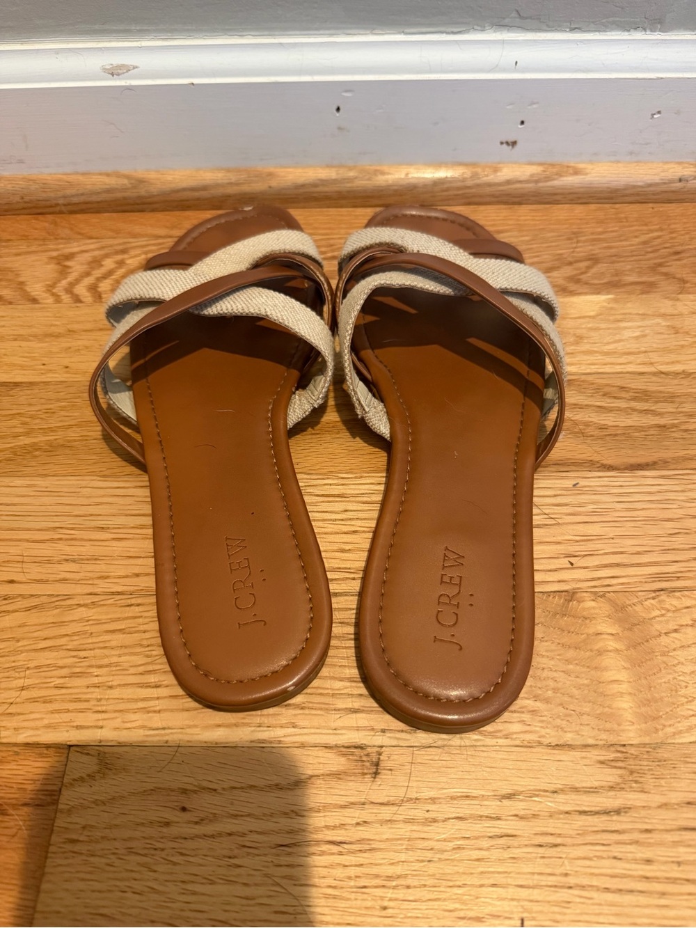 J. Crew Tan Leather Slide Sandals with Cream Woven Straps